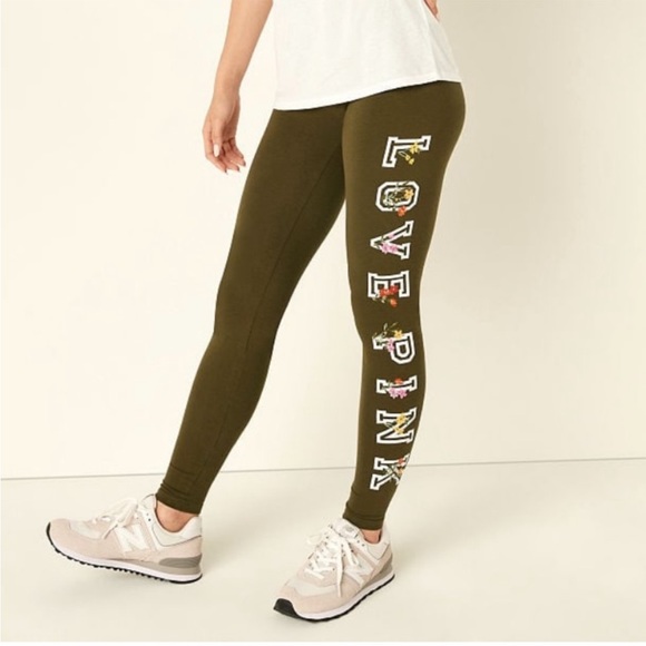 NWT Victoria’s Secret PINK Olive Green Tropical Logo Leggings S 🌴 - Picture 7 of 7